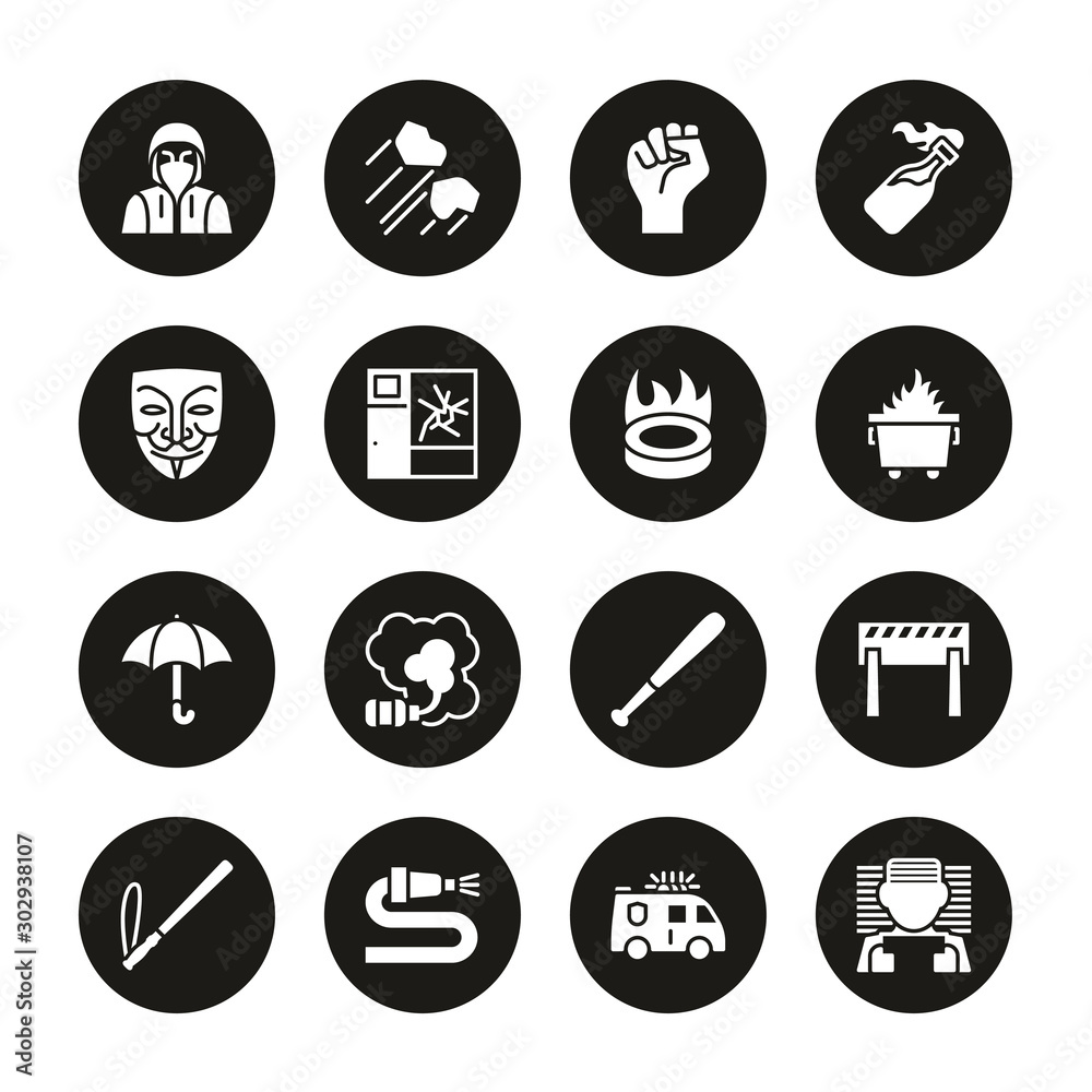 Violent Demonstration Icons White On Black Circle Set Violent Demonstration Icons White On Black Circle Set