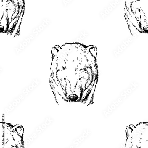 Bear sketch seamless pattern. Animal background black and white