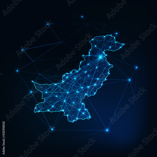 Pakistan map outline with stars and lines abstract framework.