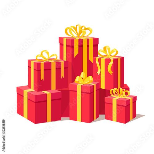 Big pile of gift box, present with ribbon, bow isolated on background. Stack of holiday presents. Christmas shopping concept. Surprise for anniversary, birthday, wedding. Vector cartoon design
