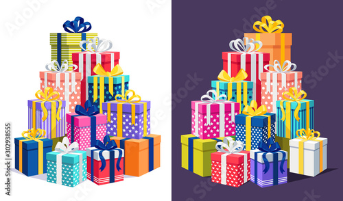 Big pile of gift box, present with ribbon, bow isolated on background. Stack of holiday presents. Christmas shopping concept. Surprise for anniversary, birthday, wedding. Vector cartoon design