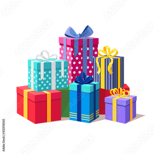 Big pile of gift box, present with ribbon, bow isolated on background. Stack of holiday presents. Christmas shopping concept. Surprise for anniversary, birthday, wedding. Vector cartoon design