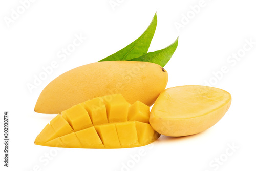 Mango fruit and green leaf and cut in cubes isolated on white background with clipping path