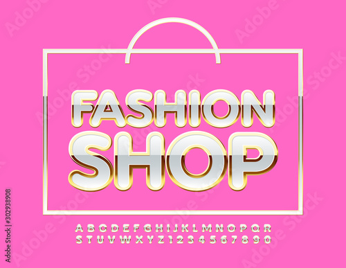 Vector glamour bag with text Fashion Shop. Trendy luxury Font. White and Gold Alphabet Letters and Numbers