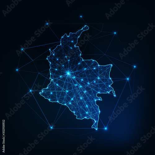 Colombia map outline with stars and lines abstract framework.