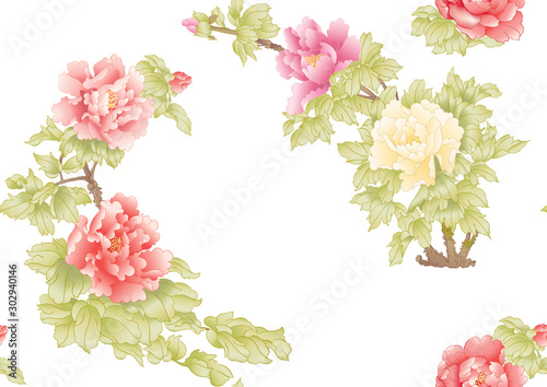 Peony tree branch with flowers in the style of Chinese painting on silk Seamless pattern, background. Colored vector illustration. 