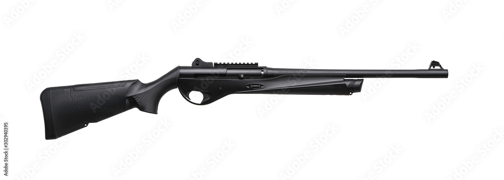 Modern semi-automatic tactical shotgun isolate on white background. Modern weapons on a light background.