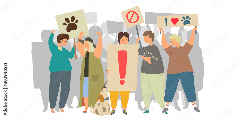 Animal protest flat vector illustration. Animal rights protection, bullying  of animals, stop animal testing concept, vegetarianism. Group of people on  a rally holding banners, flags and placards. Stock Vector | Adobe Stock