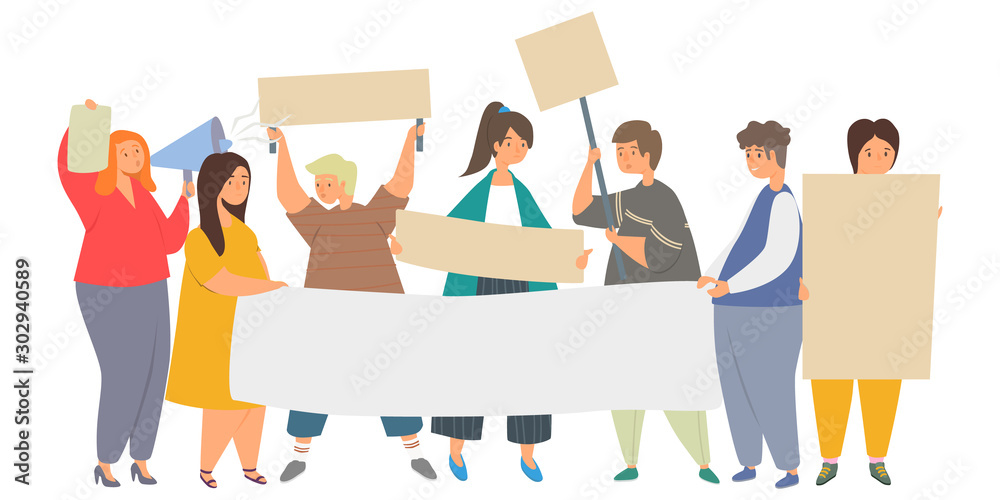 Obraz premium Rally, picket and protest flat vector illustration. Men and women defend their rights, demonstrate, workers salary protest concept. Group of people holding banners, transporants, flags and placards.