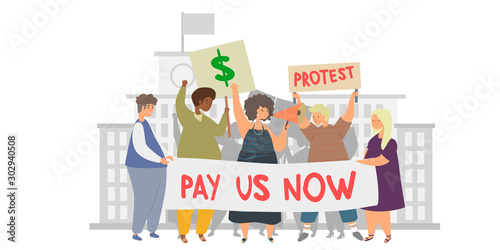 Workers salary protest concept. Group of people on a rally holding banners, transporants, flags and placards. People, men and women require a salary, salary increase, demonstrate.