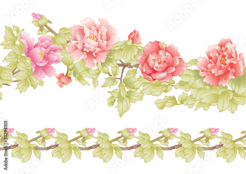 Peony tree branch with flowers in the style of Chinese painting on silk Seamless pattern, background. Colored vector illustration. 