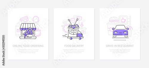 Ordering food online - line design style banners