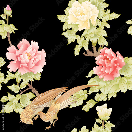 Peony tree branch with flowers with pheasants in the style of Chinese painting on silk Seamless pattern, background. Colored vector illustration. Isolated on black background..