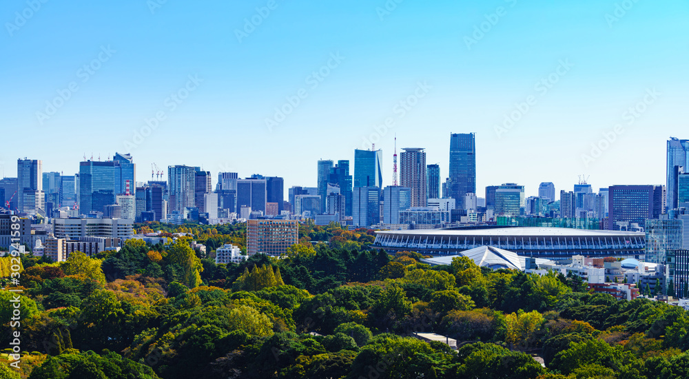 Obraz premium 新国立競技場 国立競技場 風景 日本 東京 オリンピック スタジアム 都市風景 快晴 青空 鳥瞰図