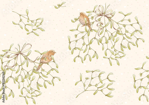 Seamless pattern, background. Mistletoe, Robin bird and ribbon. Graphic drawing, engraving style. Vector illustration..