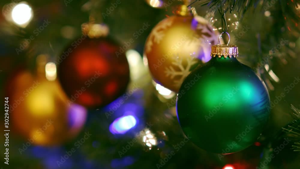 Christmas tree ornaments with colorful lights, 4k