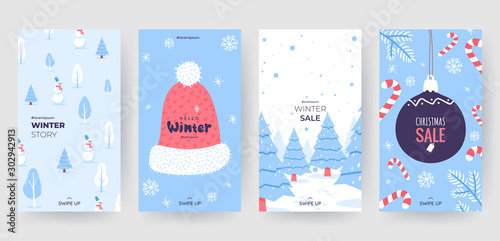 Colorful christmas banners with cute winter illustrations. Set of winter social media stories template. Background collection with place for text. Use for event invitation, promo, ad. Vector eps 10