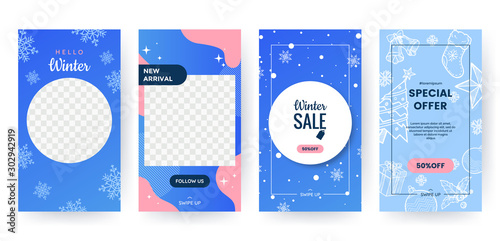 Set of winter social media stories. Blue winter banners with falling snowflakes and christmas elements. Backgrounds collection. Template for event invitation, product catalog, ad. Vector eps 10