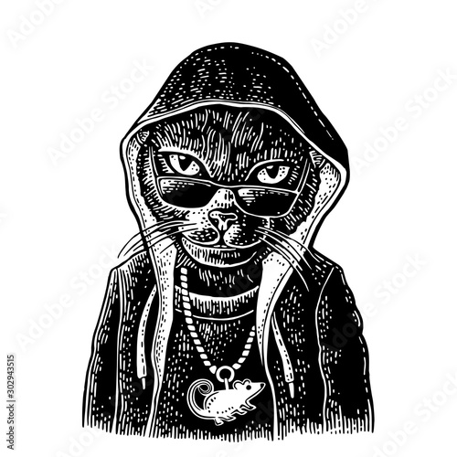 Cat rapper dressed necklace with rat. Vintage black engraving
