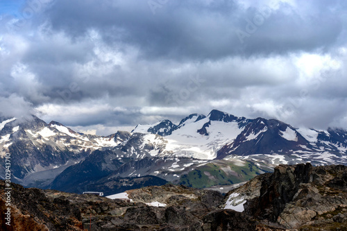 Colorful rocks and snow covered peaks of Whistler, BC, Canada