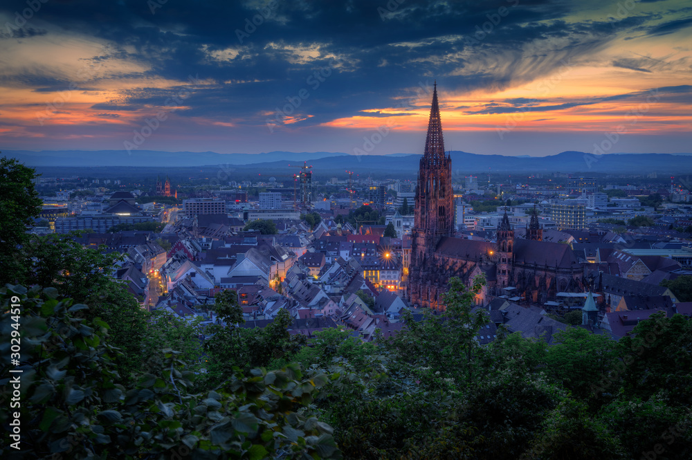Panorama von Freiburg zur blauen Stunde - obrazy, fototapety, plakaty 