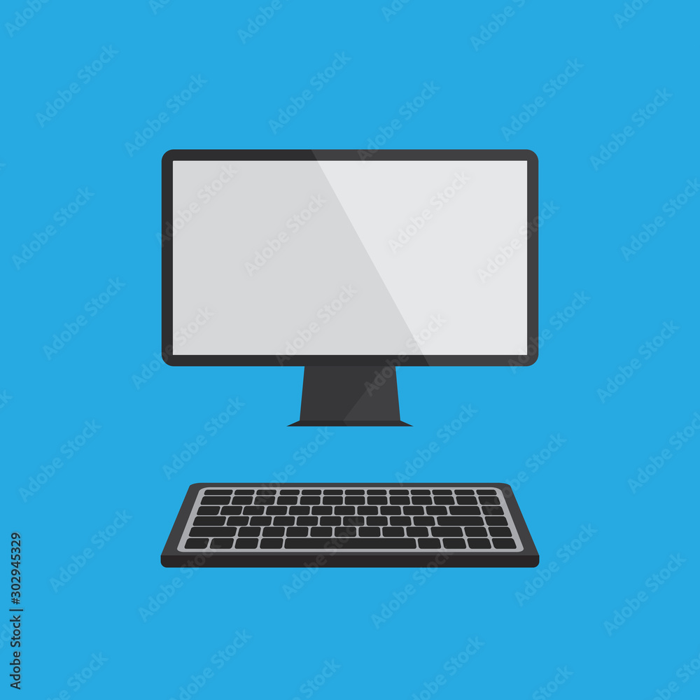 Flat computer monitor and keyboard icon. Empty or blank display screen. Computer mock-up isolated on blue background. Equipment for office. Vector illustration. Flat computer monitor and keyboard icon. Empty or blank display screen. Computer mock-up isolated on blue background. Equipment for office. Vector illustration.