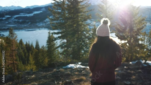 Woman Walks at Beautiful Mountain Lake Forest Landscape
