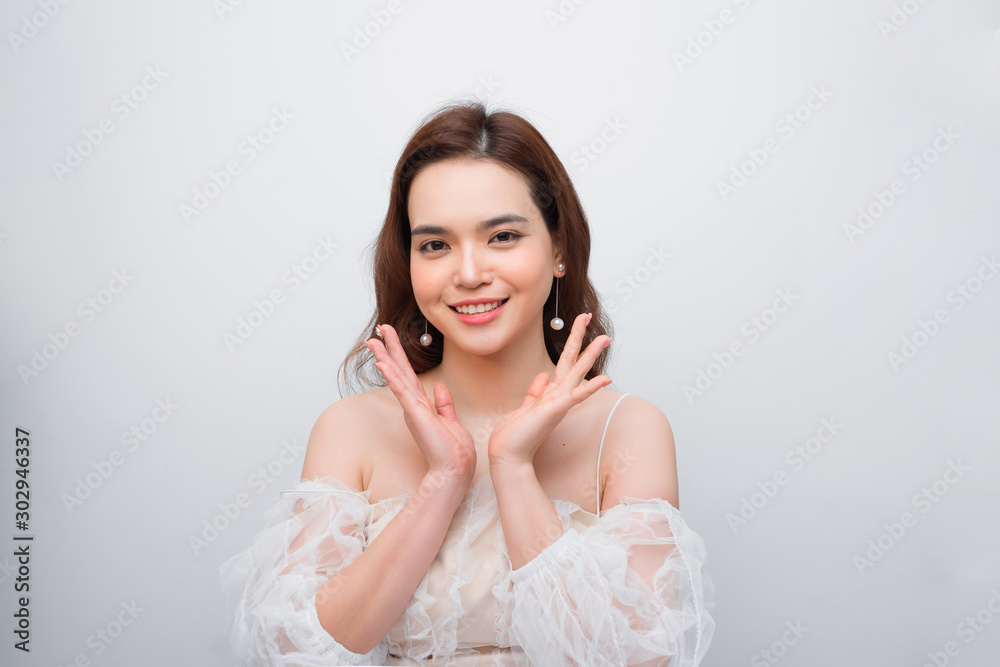 Charming beautiful face woman with perfect skin portrait present skincare concept Charming beautiful face woman with perfect skin portrait present skincare concept