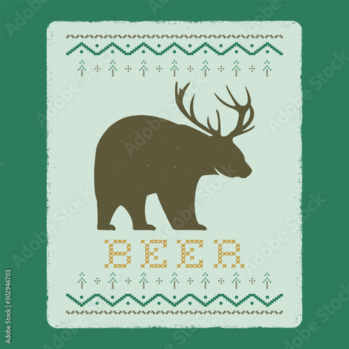 Funny Christmas graphic print, t shirt design for ugly sweater xmas party. Holiday decor with text - Beer, ornaments and bear with antlers. Fun typography tee template. Stock vector