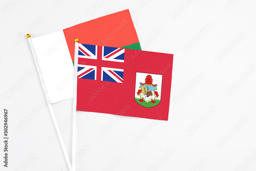 Fototapeta premium Bermuda and Madagascar stick flags on white background. High quality fabric, miniature national flag. Peaceful global concept.White floor for copy space.