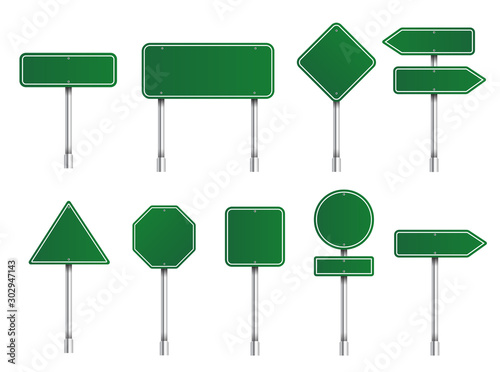 Set of green road signs. Directional signs. Realistic style. Vector graphics.