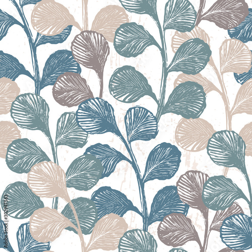 Ink hand drawn botanical seamless pattern with plant leaves