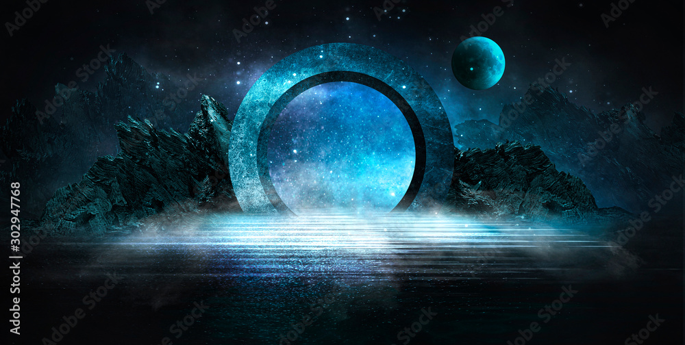 Obraz premium Futurystyczny nocny krajobraz z abstrakcyjnym krajobrazem i wyspą, blask księżyca, blask. Ciemna naturalna scena z odbiciem światła w wodzie, neonowo-niebieskie światło. Ciemne tło koło neonowe. Ilustracja 3D