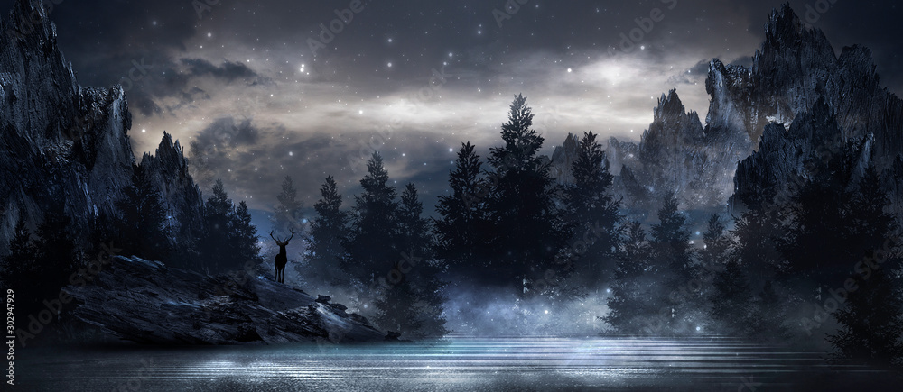 Plakat Futurystyczny nocny krajobraz z abstrakcyjnym krajobrazem i wyspą, blask księżyca, blask. Ciemna naturalna scena z odbiciem światła w wodzie, neonowe niebieskie światło. Ciemne tło neon. Ilustracja 3D
