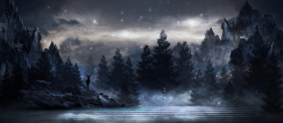 Leinwandbilder Schwarz Futuristic night landscape with abstract landscape and island, moonlight, shine. Dark natural scene with reflection of light in the water, neon blue light. Dark neon background. 3D illustration  © MiaStendal