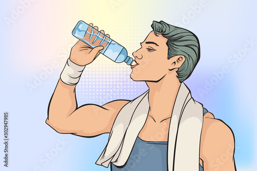 Men are drinking water from bottle.Pop art retro comic book cartoon drawing vector illustration kitsch vintage