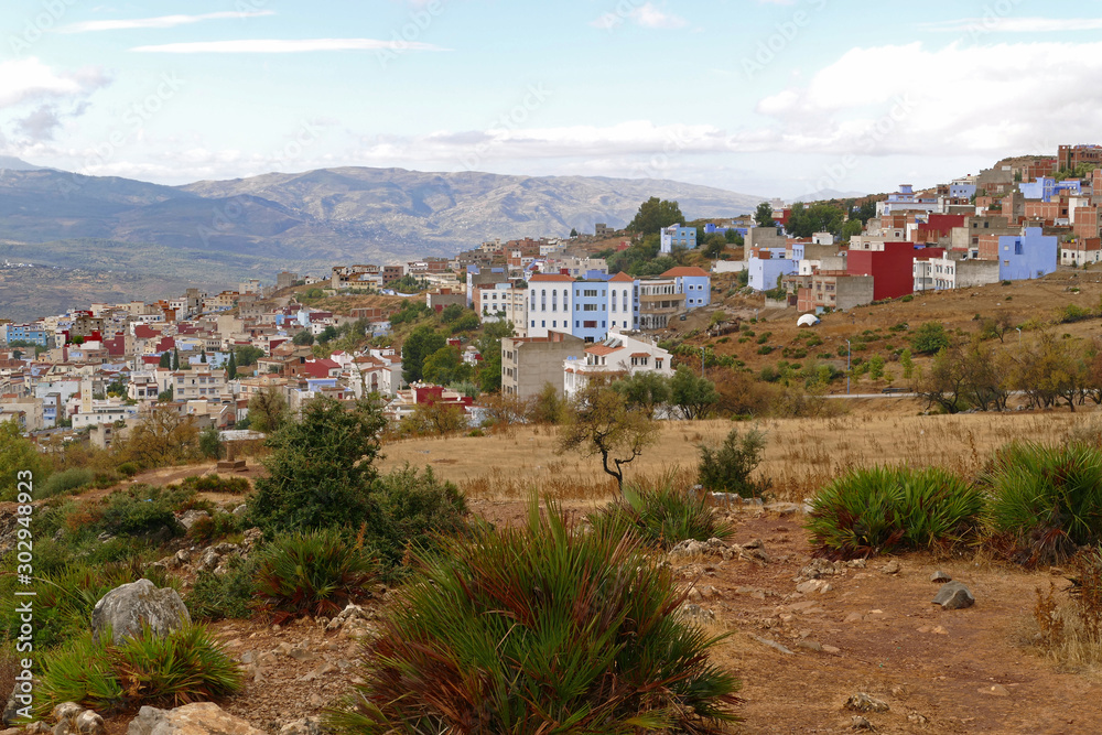 Panorama view on the edge of the city of Chefchaouen in the Rif mountains from a viewpoint, Morocco, Africa