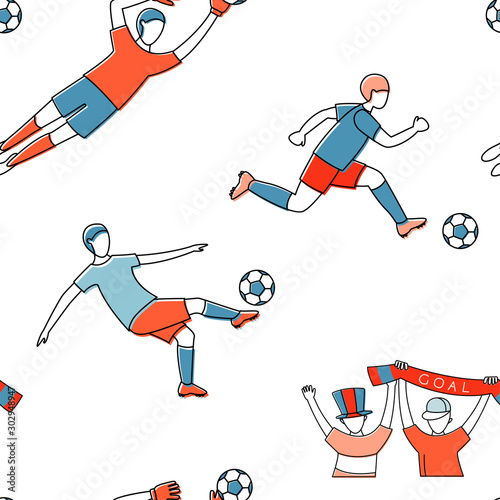 Soccer football player game match fans line icons seamless background pattern.