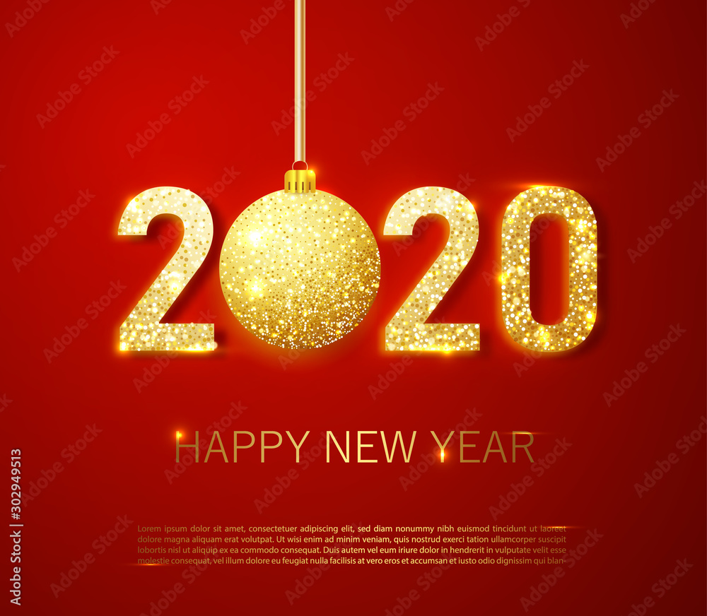 Realistic 2020 golden numbers and festive confetti, stars and spiral ribbons on red background. Vector holiday illustration. Happy New 2020 Year. New year ornament.