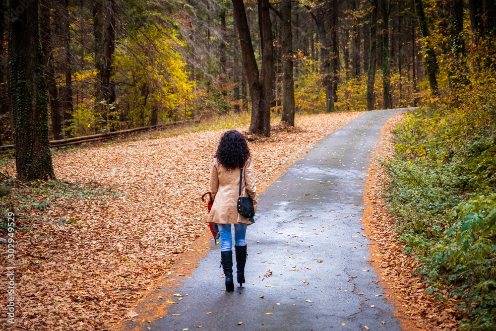 Fototapeta premium Woman walking in the rain on asphalt forest road at autumn. Road next to the Tresnja lake in Serbia.