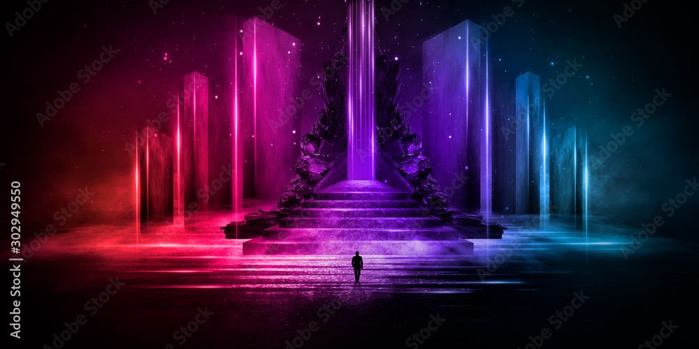 Abstraction, futuristic city of concrete and neon. Night city view, stairs up, illumination. Dark street, abstract scene, neon rays. 3D illustration