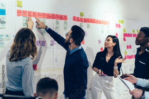Team of multicultural young people pointing on wall with glued colorful paper notes with foreign words during productive lesson.Diverse group of male and female employees in formal wear using stickers photo
