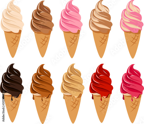 Vector illustration of various kinds of soft serve ice cream in sugar cones with toppings, sprinkles and sauces