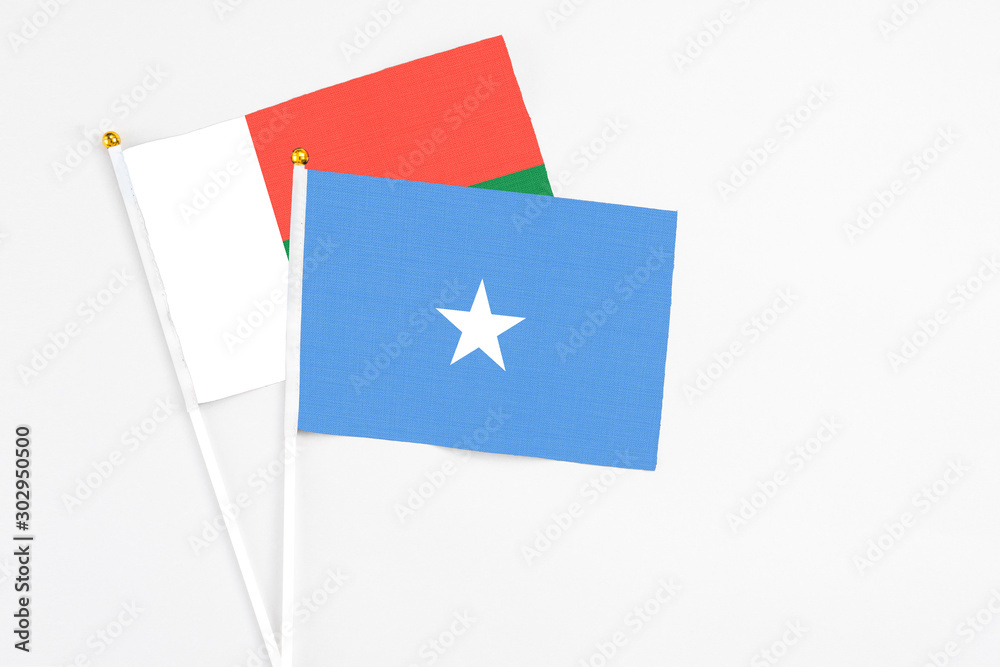 Somalia and Madagascar stick flags on white background. High quality fabric, miniature national flag. Peaceful global concept.White floor for copy space. Somalia and Madagascar stick flags on white background. High quality fabric, miniature national flag. Peaceful global concept.White floor for copy space.
