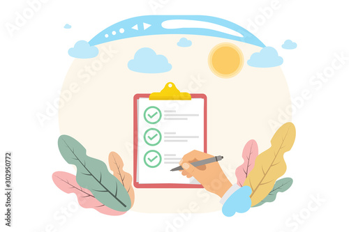 Passing an online test, exam, filling out docs, signing a document. Idea of internet activity in cartoon style. Vector illustration.