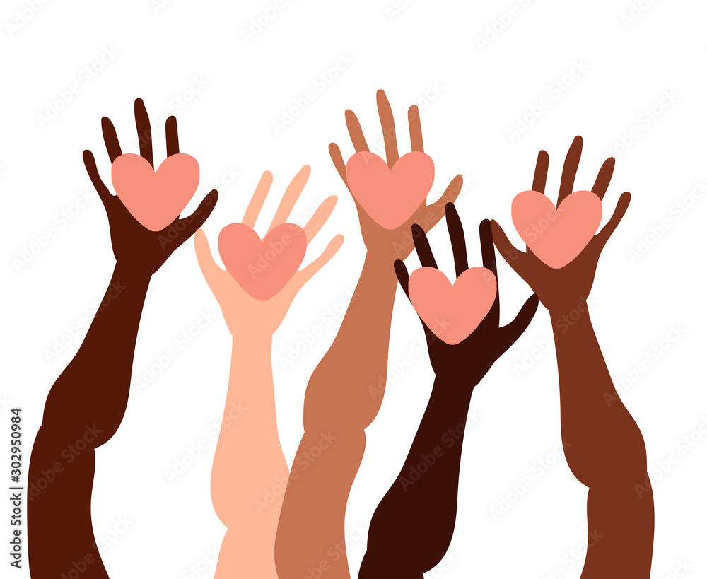 Illustration of a group of people's hands with different skin color together holding a heart. Diverse crowd, race equality, communication vector art in minimal flat style.