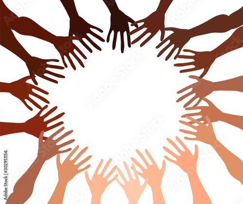 Illustration of a group of people's hands with different skin color together. Diverse crowd, race equality, communication vector art in minimal flat style.