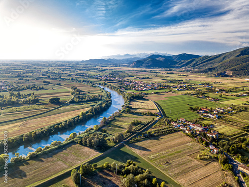 Panoramic view of river Arno near the hill , aerial view.