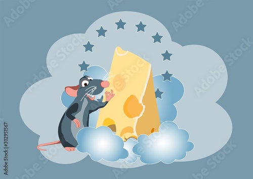 Vector illustration of rat with cheese on the clowd