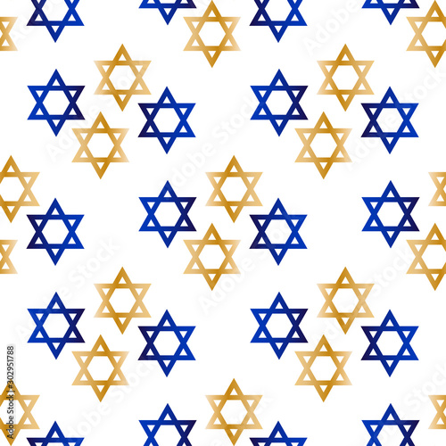 Seamless pattern with gold and blue Star of David. Template for background, banner, card, poster, web, textile. Vector EPS10 illustration.
